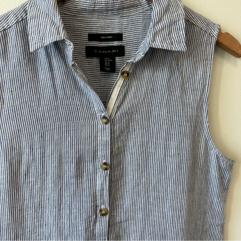 Tahari 100% Linen Sleeveless Blue Stripe Button-Down Dress - Picture 3 of 6